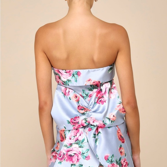 NWT Luxe Wonder Light Blue Floral Taffeta Strapless Bow Mini Dress - Picture 4 of 4